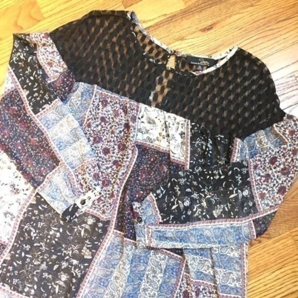 NEW Suzanne Betro Bohemian Blue Flowers Sheer Long Sleeve Floral Blouse Sz Med